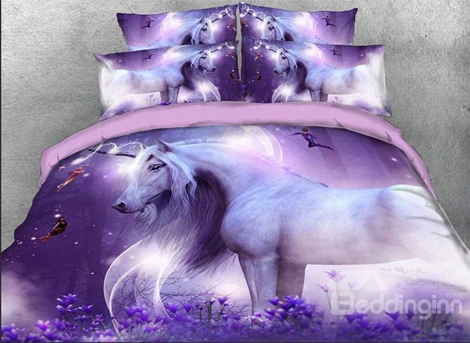 Onlwe 3d Unicorn And Fairies Prnted 5-piece Purple Comforter Sets
