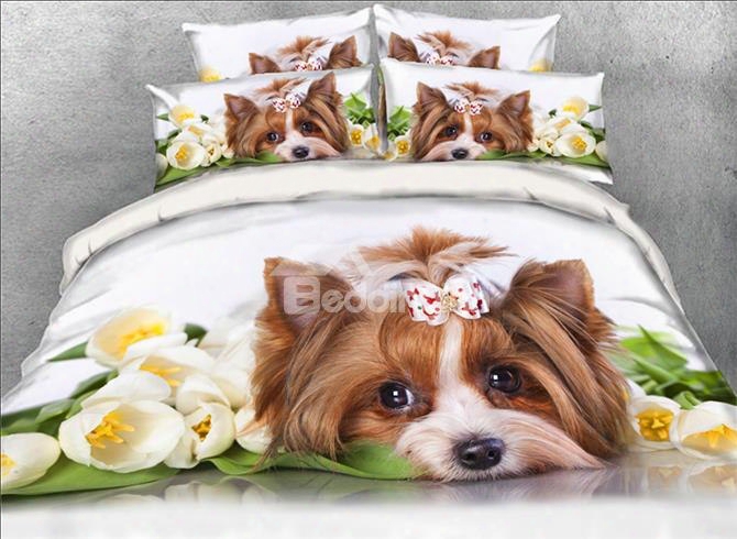 Onlwe 3d Yorkshire Terrier With Flowers Printed 4-piece White Bedding Sets/duvet Covers