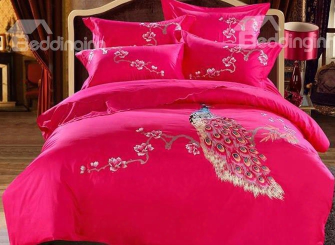 Peacock And Flowers Embroidery Roe Red 4-piece Cotton Sateen Bedding Sets/duvet Cover