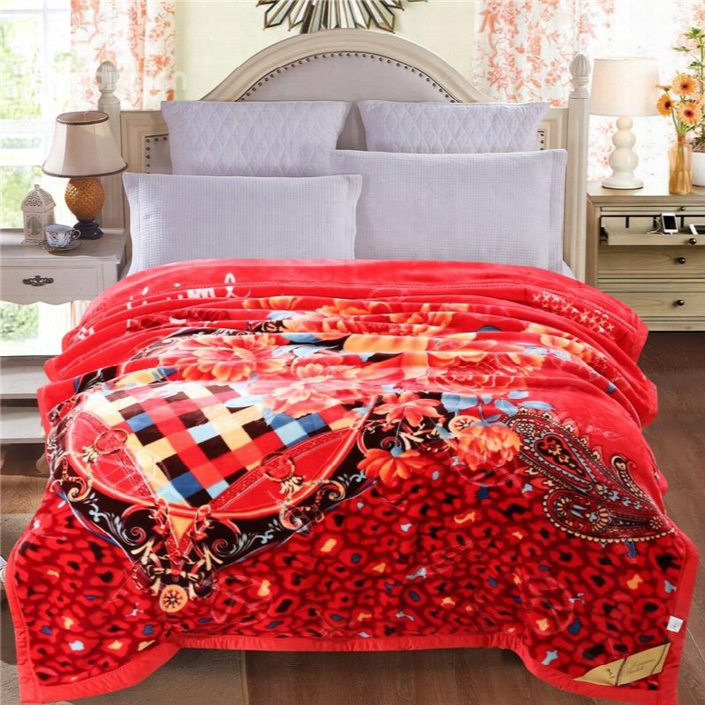 Peonies Blooming Printed Bright Red Plush Flannel Fleece Bed Blankets