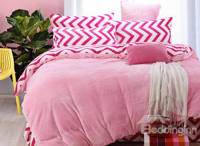 Pink Wvae-like Patter Reversible Solid Color Block Flannel 4-piece Be Dding Sets/duvet Cover