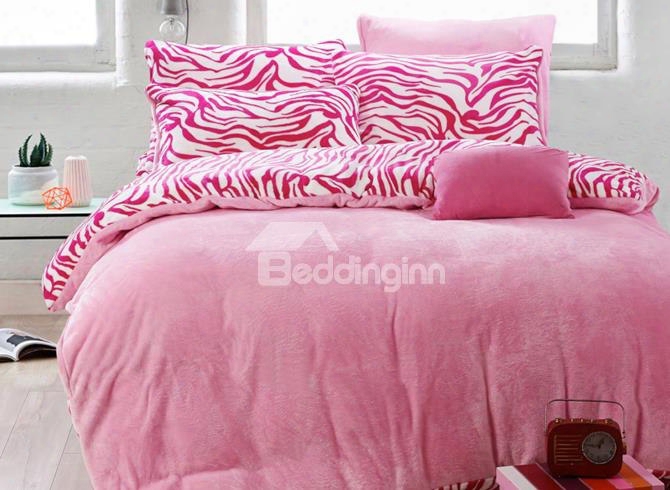 Pink Zebra Pattern Reversible Solid Color Block Flannel 4-piece Bedding Sets/duvet Cover