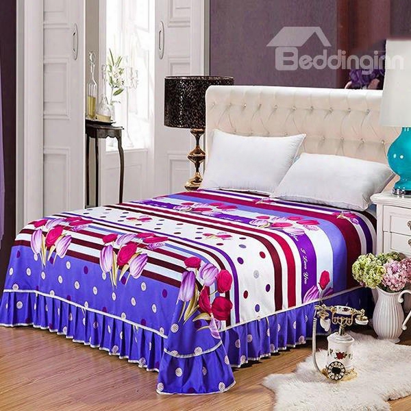 Purple And Rosy Tulips Printing Skin-care Cotton Bed Skirt