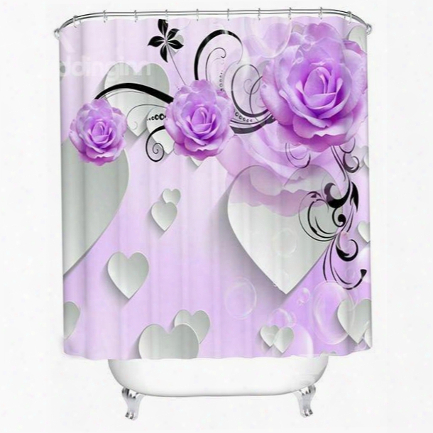 Purple Peony And Heart Shape Pattern Polyester Waterproof And Eco-friendly 3d Shower Curtain