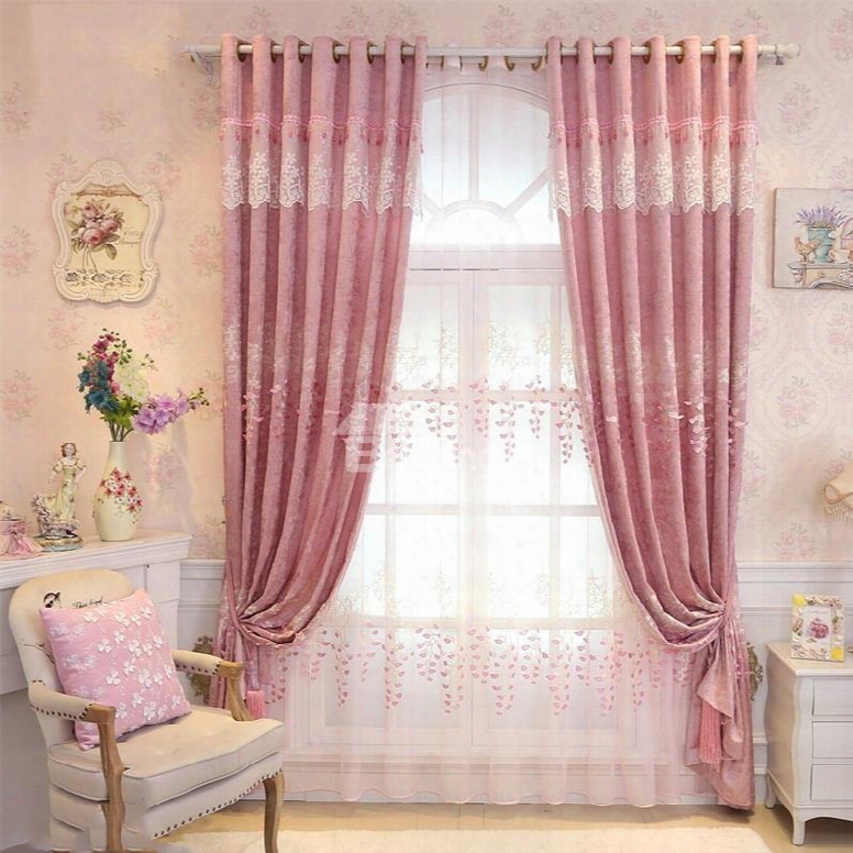 Romantic Pink Color Pastoral Style Embroidered Living Room Finished Product Sheer