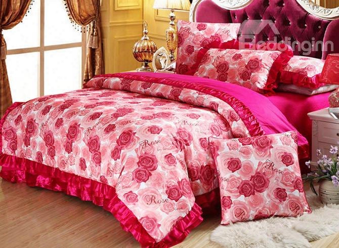 Rosy Blooming Flowers Printed 6-piece Cotton Sateen Bedding Sets/duvet Cover