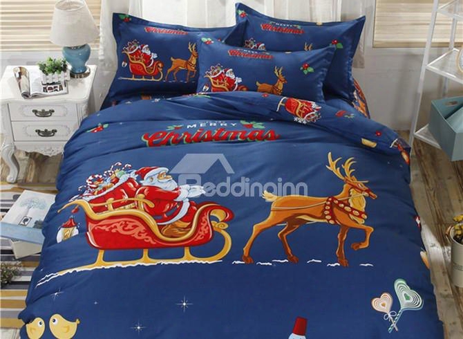 Santa Claus Riding Sledge And Deer Cotton 4-piece Christmas Bedding Sets/duvet Cover