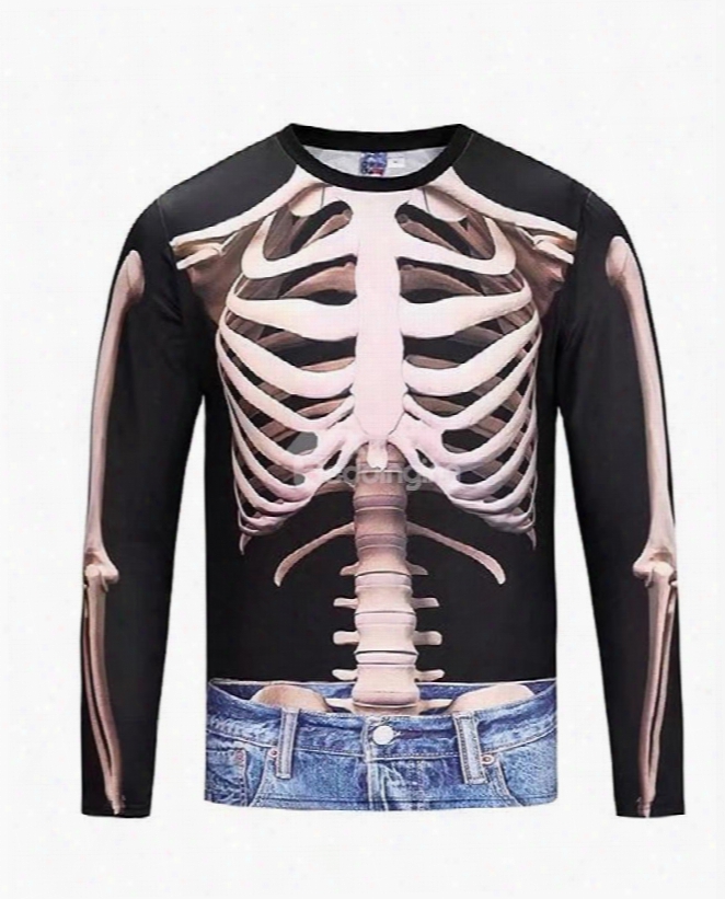 Skeleton With Jeans Long Sleeve Round Neck 3d Painted Tshirt