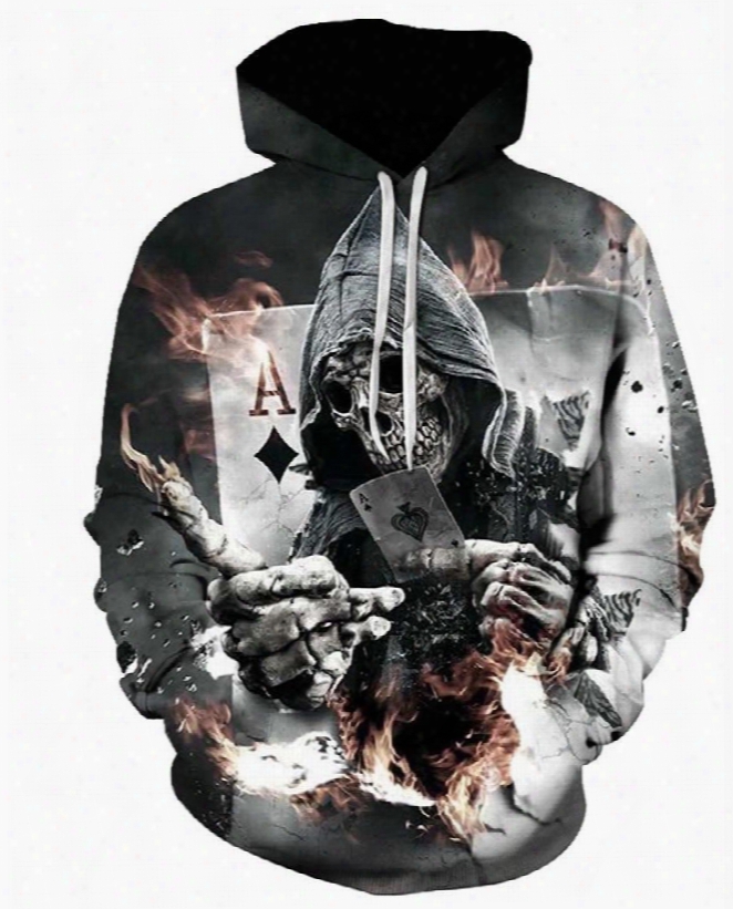 Skull Fire With Poker Long Sleeve 3d Pattern Hoodie