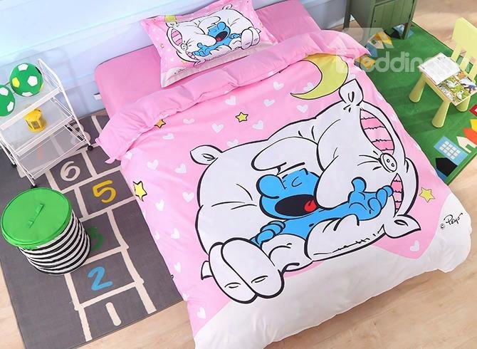Sleepy Smurf With Moon Stars Printed Twin 3-piece Kids  Pink Bedding Sets/duvet Covers