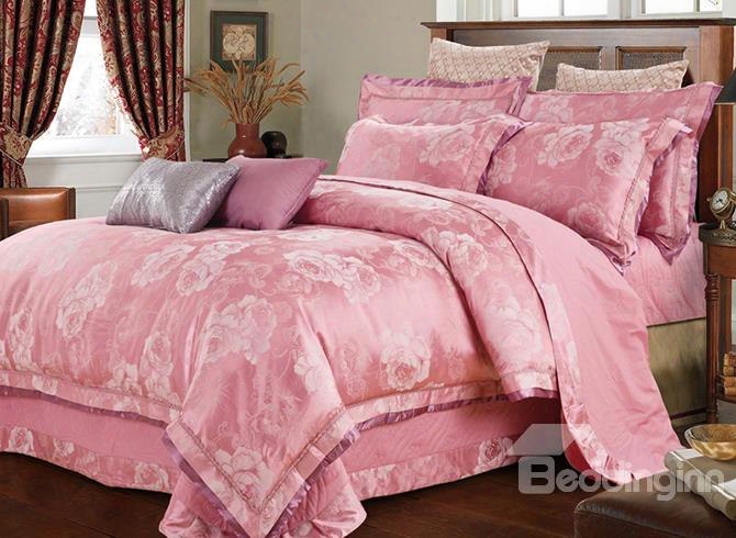 Soft Pink Big Roses Jacquard 4-piece Bamboo Fabric Beding Set