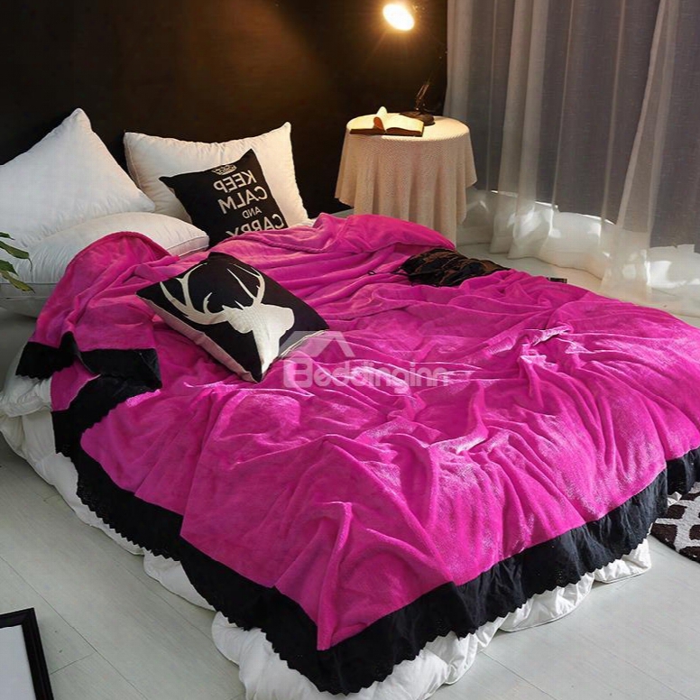 Solid Rose Red Plush With Black Edge Fluffy Bed Blanket