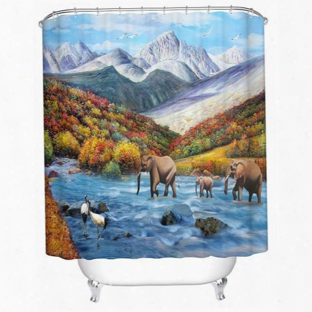 Spectacular Field View Elephant And Crane 3d Shower Curtain