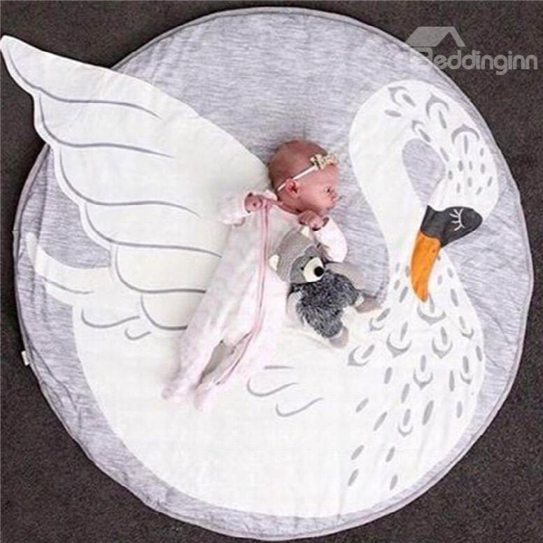 Swan Printed Rounded Cotton White Baby Playf Loor Mat/crawling Pad