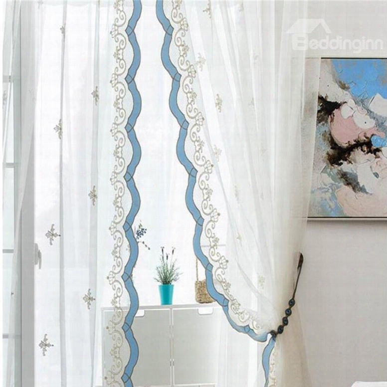 Sweet And Fresh Pastoral White Color With Blue Lace Custom Sheer Curtain For Living Room