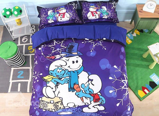 The Smurfs Building Snowman And Snowflake 4-piece Blue Bedding Sets/duvet Covers