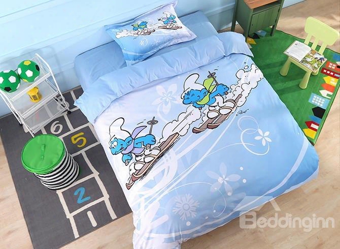 The Smurfs Skiing Winter Printed Twin 3-piece Kids Bedding Sets/duvet Covers