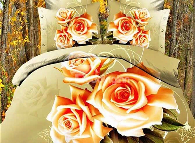 Three Light Apricot Roses Printing Polyester 4-piece Duvet Cover Sets