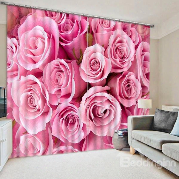 Trendy Pink Roses Printed Thick Polyestercustom 3d Blackuot Curtain