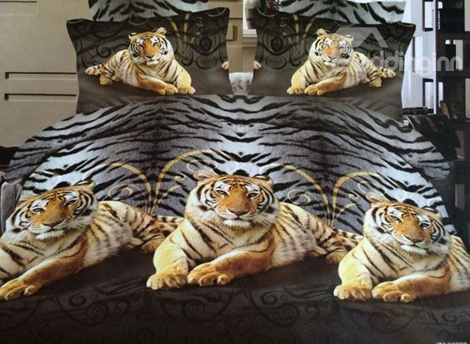Vigorous Crouches Tigers Print Polyester 4-piece Duvet Cover Sets