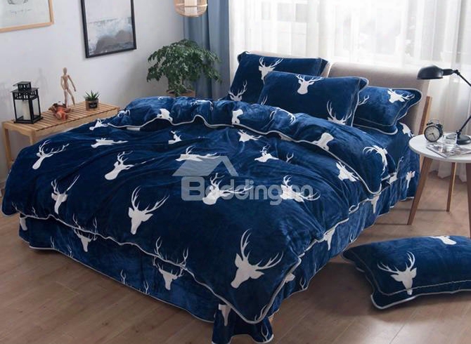 White Deer Head Printed Blue Super Soft 4-piece Bedding Sets/duvet Cover