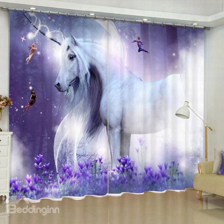 White Unicorn Printed Dreamy Purple 2 Panels Custom Bedroom 3d Curtain