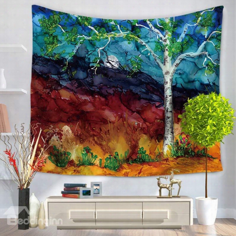 Wild Field Night Scene With Green Tree And Moon Decorative Hanging Wall Tapestry