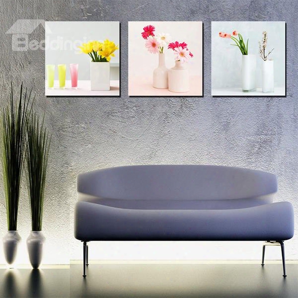 Wonderful Flowers In Vase Canvas 3p-anel Wall Art Prints