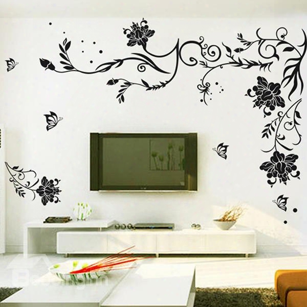 Wonderful Unique Black Flower And Vines Removable Wall Sticker