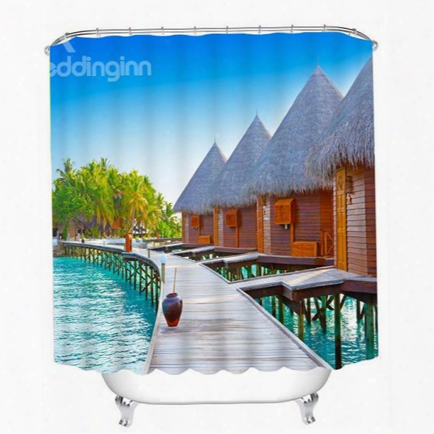 Wooden Houses Beside The Water Print 3d Bathroom Shower Curtain