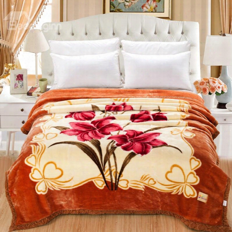 Yellowish-brown Clip Cord Flowers Printed Flannel Fleece Bed Blankets