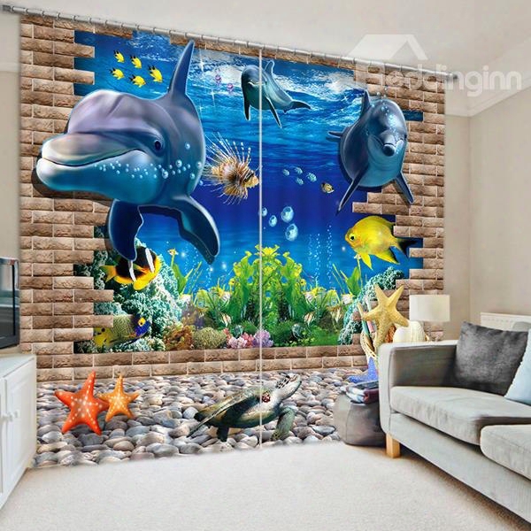 3d Adorable Dolphins And Sea World Printed Thick Cotton Decorative And Blackout Curtain