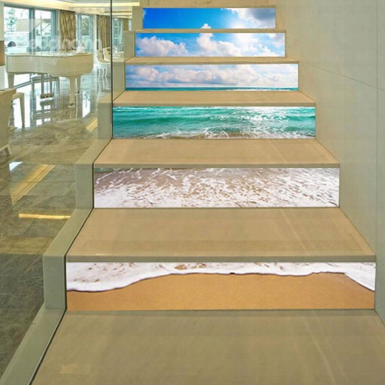 3d Beach 6-piece Pvc Waterproof Eco-friendly Self-adhesive Stair Mural