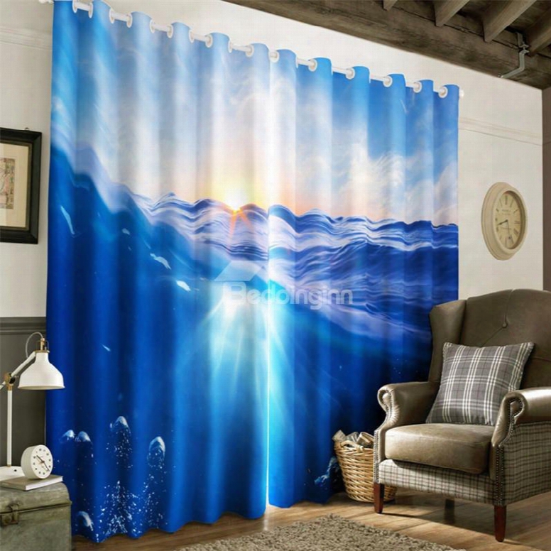 3d Bright Sunlight And Blue Seas Printed Modern And Natural Grommet Top Curtain