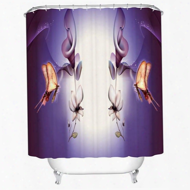 3d Butterflies And Lotus Printed Polyester Purple Shower Curtain