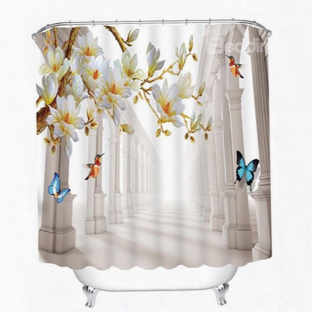 3d Colorful Butterflies And Peach Tree Printed Polyester Waterproof Antibacterial Bathroom Shower Curtain