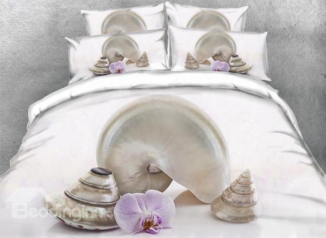 3d Conch Shell And Phalaenopsis Printed 5-piece White Comforter Sets