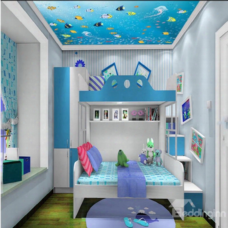 3d Fishes Swimming In Sea Printed Pvc Waterproof Sturdy Eco-friendly Self-adhesive Ceiling Murals