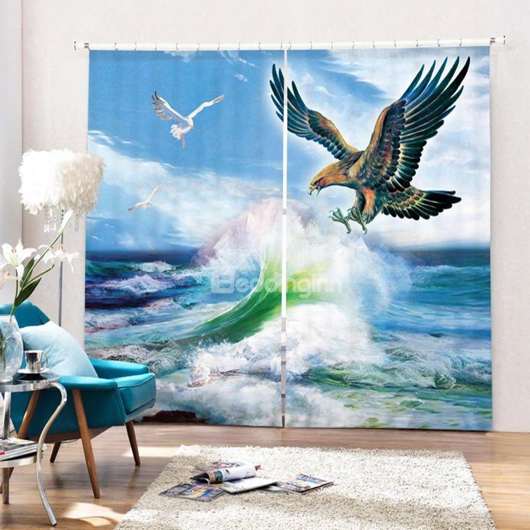 3d Flying Eagle And Rough Sea Printed Creative And Vivid Pattern Decorative Curtain