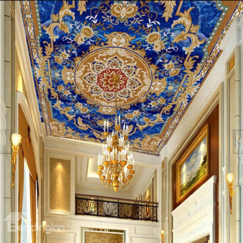 3d Gloden Borders Blue Background Pvc Waterproof Sturdy Eco-friendly Self-adhesive Ceiling Murals