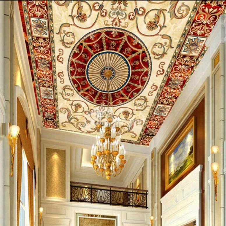 3d Golden Borders Red Backgroun Dpvc Waterproof Sturdy Eco-friendly Self-adhesive Ceiling Murals