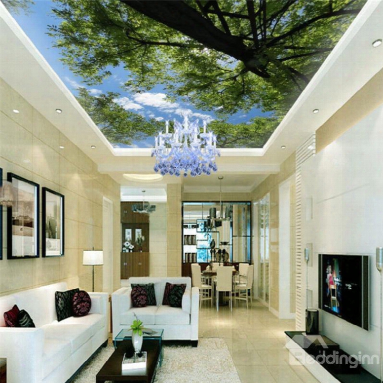 3d Green Trees Printed Pvc Waterproof Sturdy Eco-friendly Self-adhesive Ceiling Murals