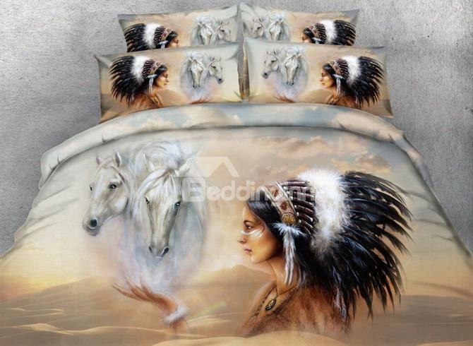 3d Horse And American Indian Chief Printed Cotton 4-piece Bedding Sets/duvet Covers