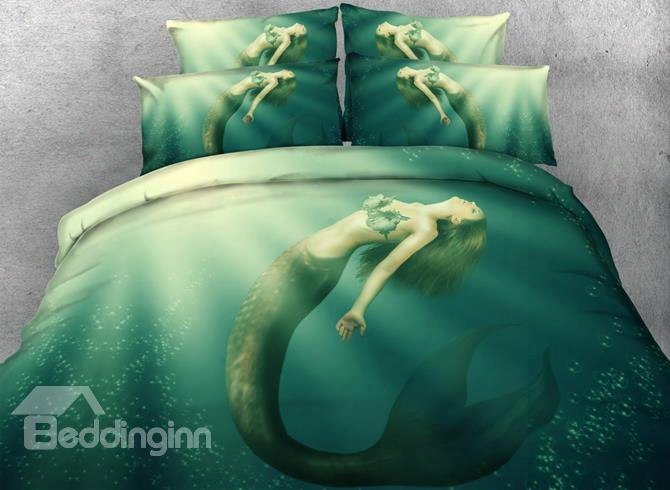 3d Mermaid In The Sea Printed Cotton 4-piece Bedding Sets/duvet Covers