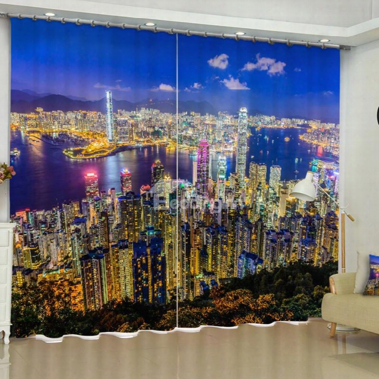 3d Night City Scenery Printed Modern Style 2 Panels Custom Living Room Curtain