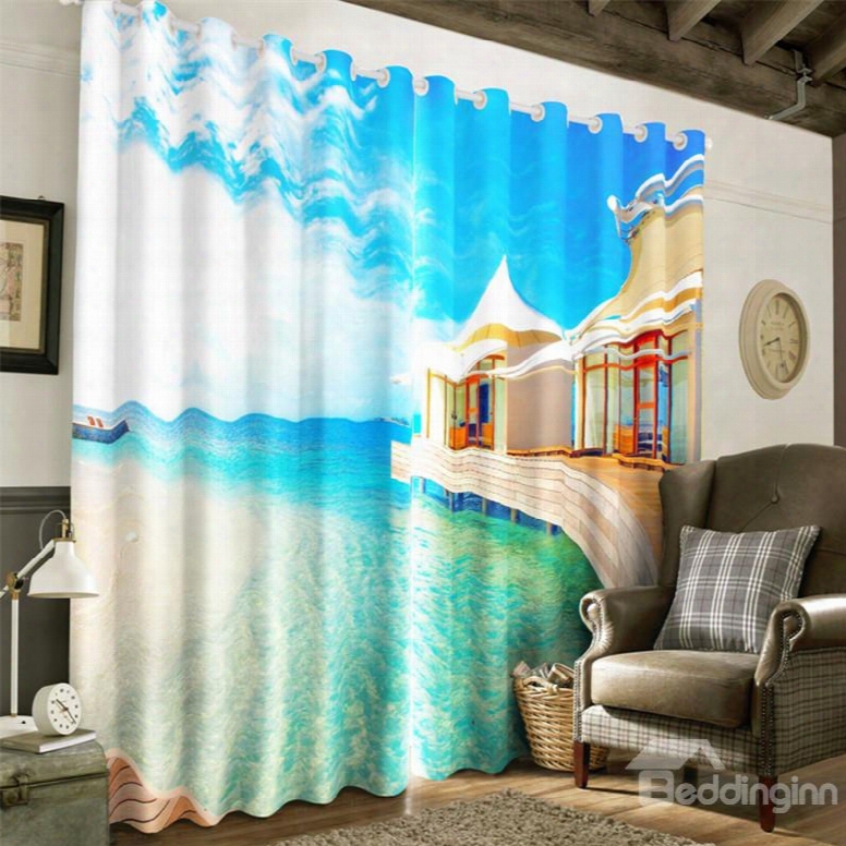 3d Peaceful Sea And Holiday Resort Printed 2 Pieces Living Room And Bedroom Blackout Curtain
