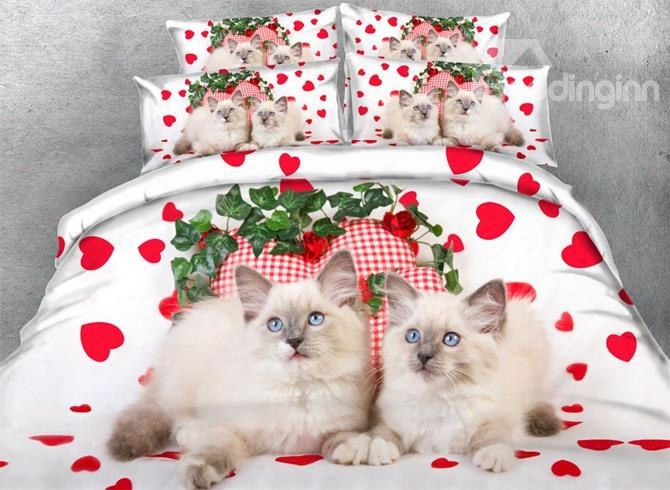 3d Persian Cat And Red Heart Printed Cotton 4-piece White Bedding Sets