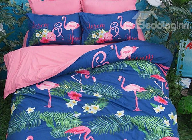 3d Pink Flamingo And Green Leaves Printed Polyester 4-piece Bedding Sets/duvet Covers