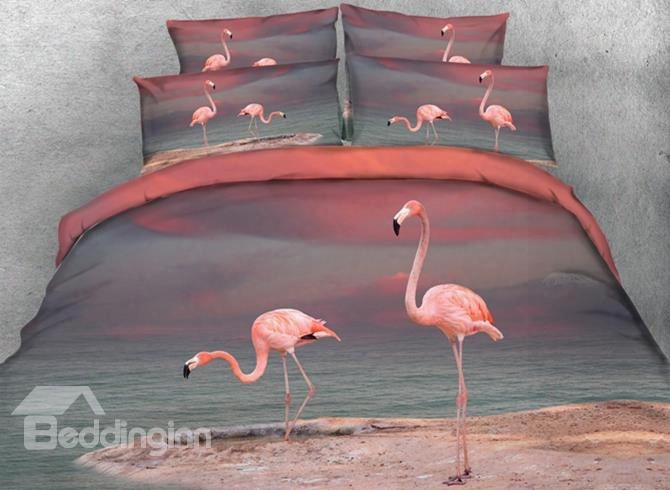 3d Pink Flamingo Printed Cotton 4-piece Bedding Sets/duvet Covers