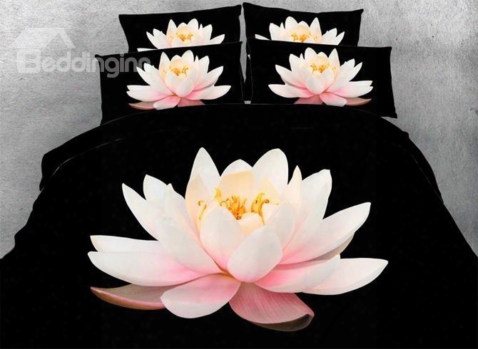 3d Pink Lotus Printed Cotton 4-piece Black Bedding Sets/duvet Covers